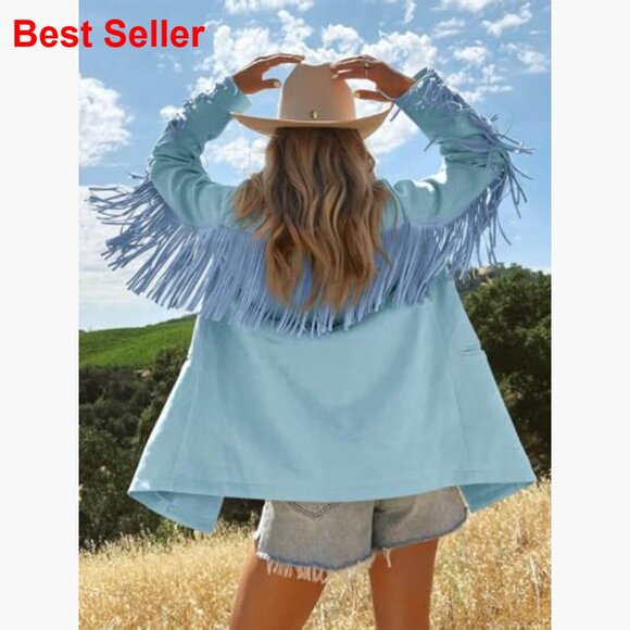 Faux Suede Fringe Blazer Jacket with Lapel Collar Button Front - Picture 2 of 7